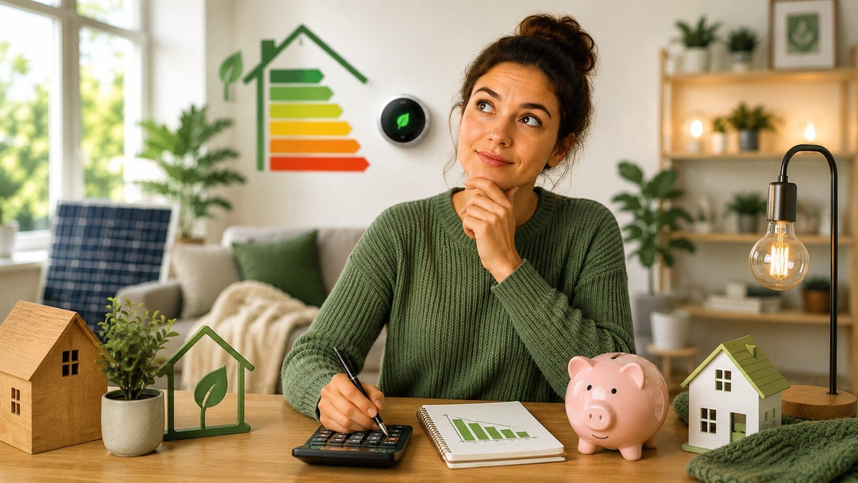 Woman calculating energy bills at home with calculator and notebook, surrounded by eco-friendly house models, energy efficiency rating chart, and smart thermostat in a modern green living space.