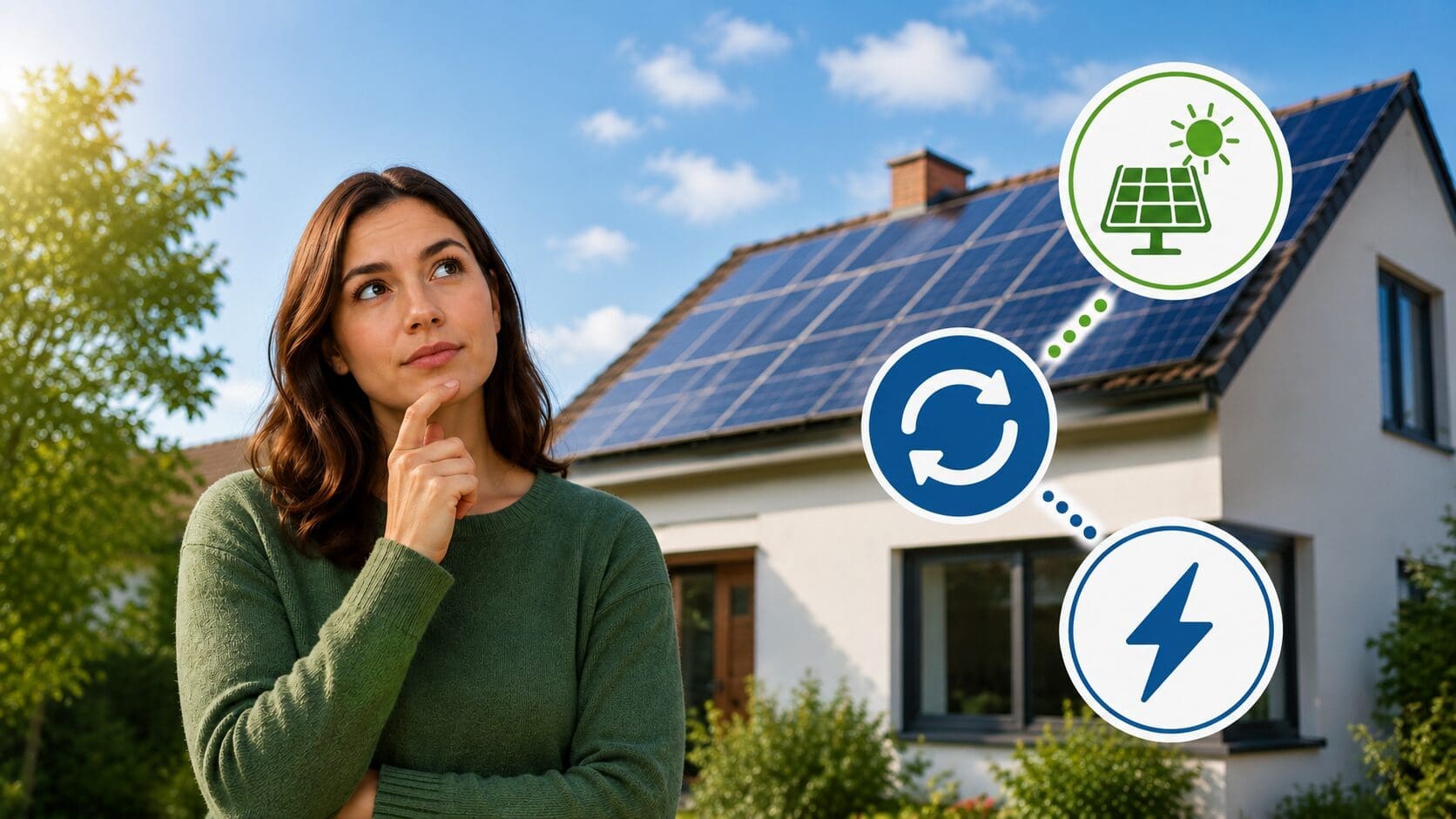 Woman standing outside a house with solar panels, considering switching energy supplier while using solar energy.