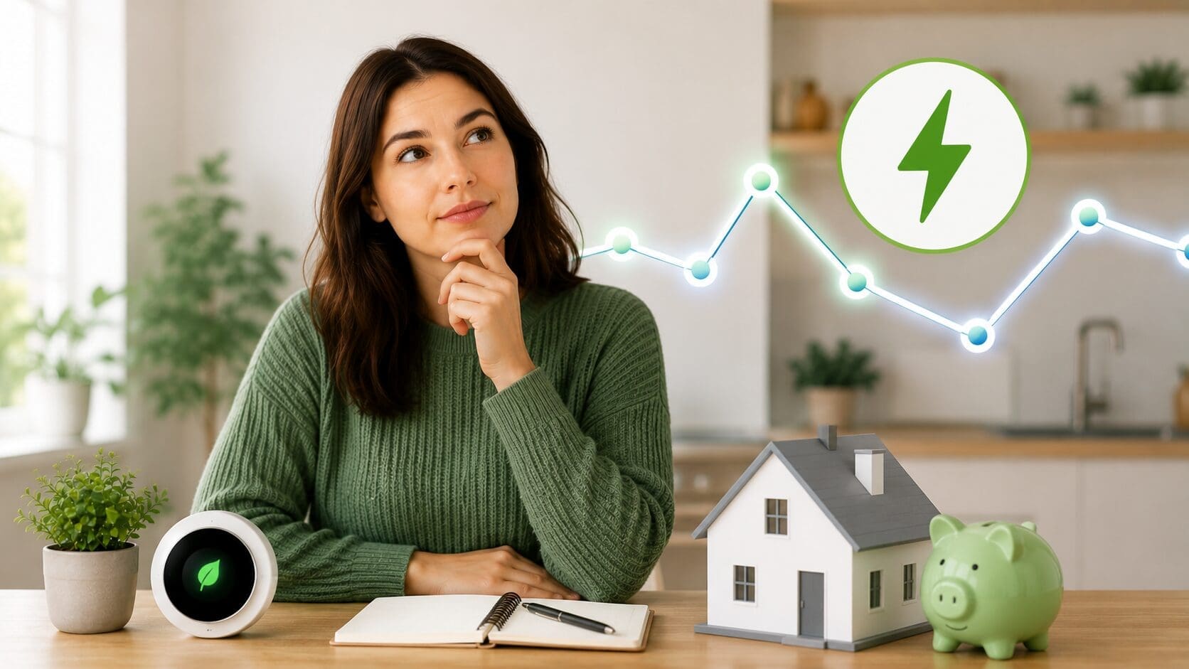 Woman reviewing energy costs at home with smart thermostat, house model, and piggy bank, illustrating tracker tariff changes and fluctuating electricity prices.