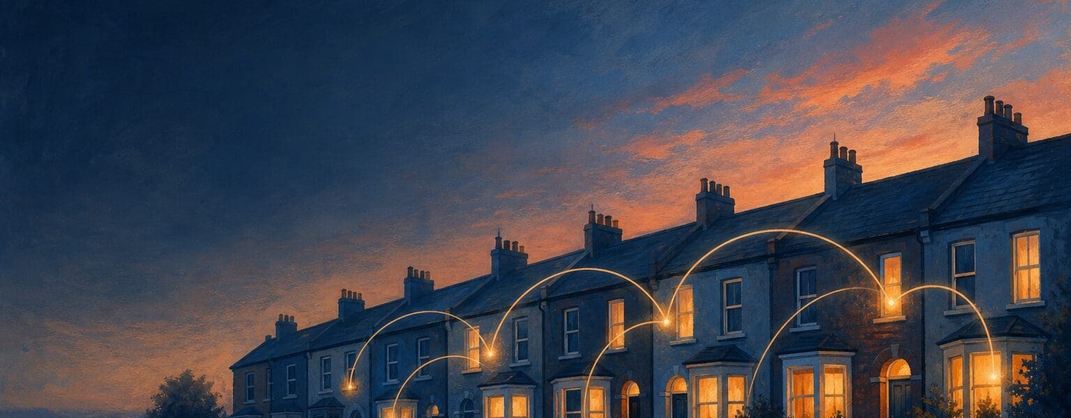 Glowing connected UK homes at dusk illustrating broadband social tariffs reaching more households