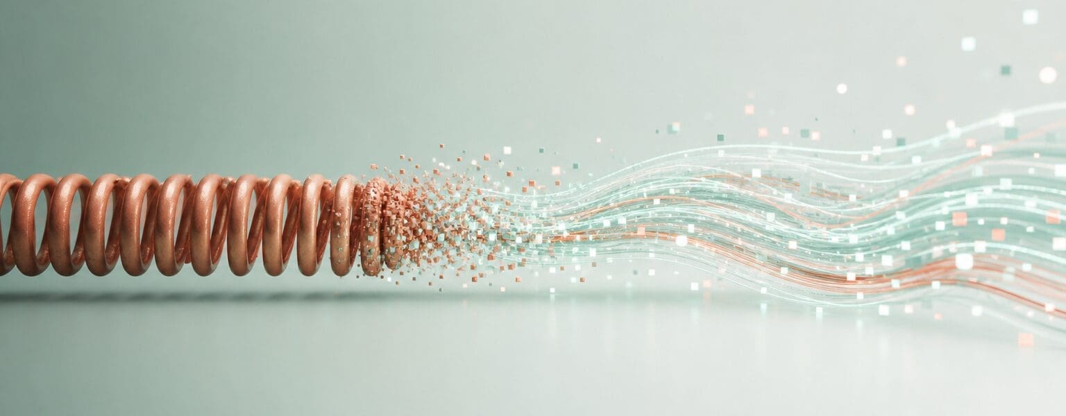 Concept image for the UK landline switch off, an old copper phone wire dissolving into digital light carried over broadband