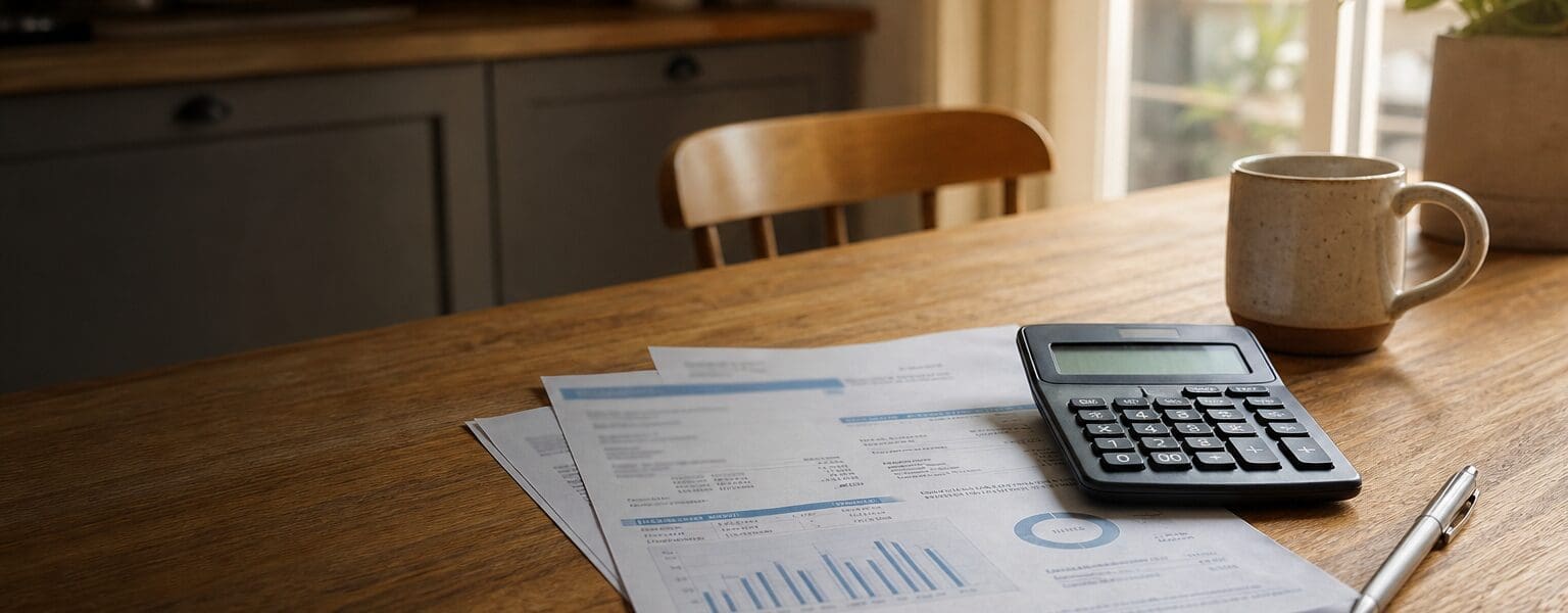 A UK energy bill and a calculator on a kitchen table, illustrating standing charges and unit rates