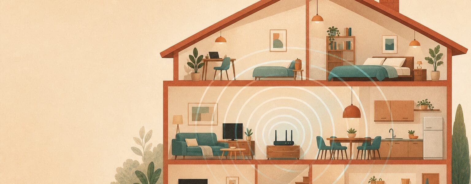 Home wifi illustration showing signal spreading through the rooms of a house
