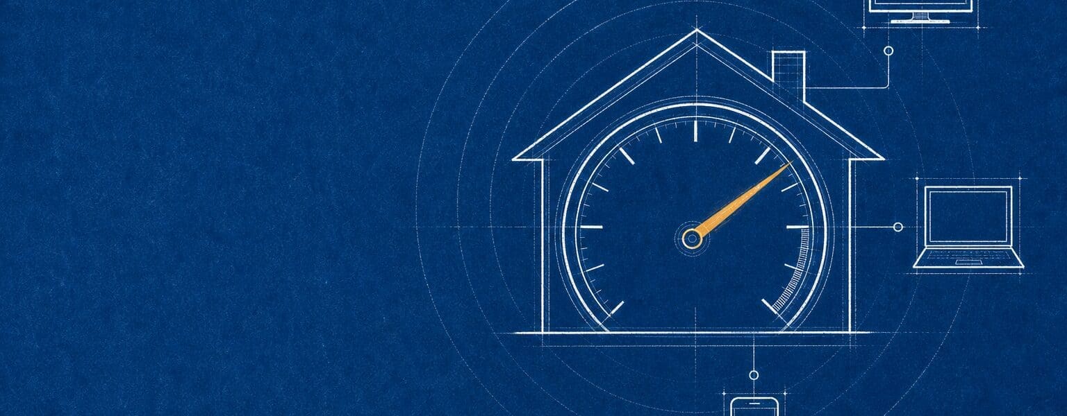 Blueprint illustration of how much broadband speed a UK home actually needs, a speedometer dial merging into a house outline