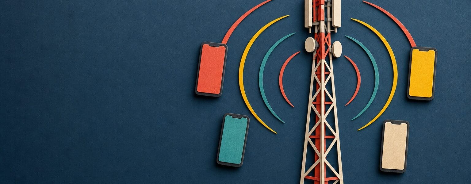 Cheap mobile networks concept: several colourful phones sharing one UK mobile phone mast
