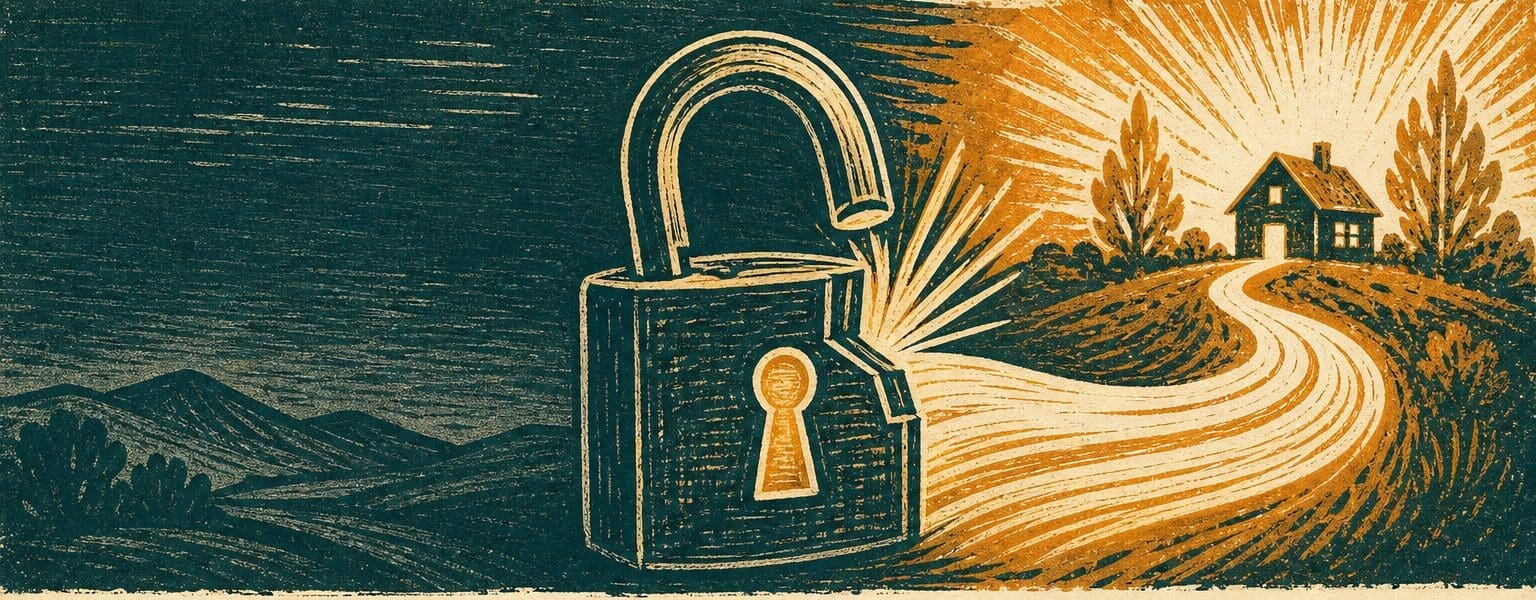 Linocut illustration of an opening padlock and a path to a glowing home, illustrating energy exit fees and leaving a fixed deal