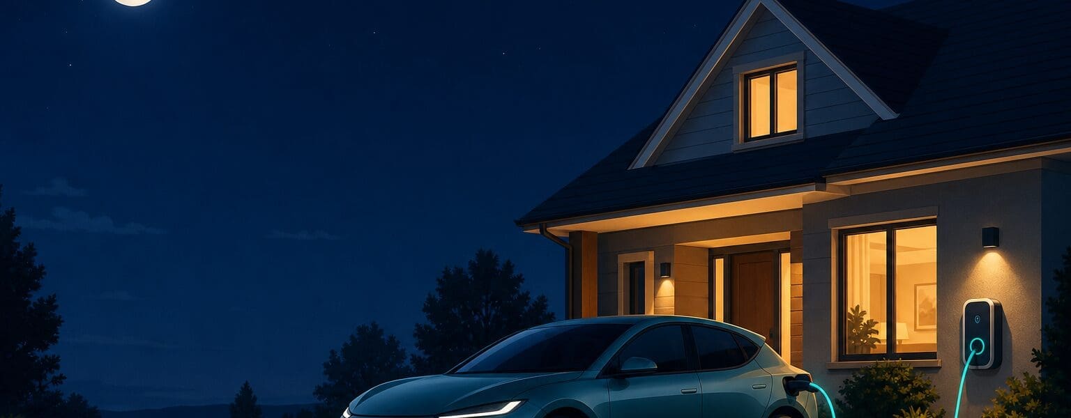 Flat vector illustration of an electric car charging at home overnight on an EV energy tariff