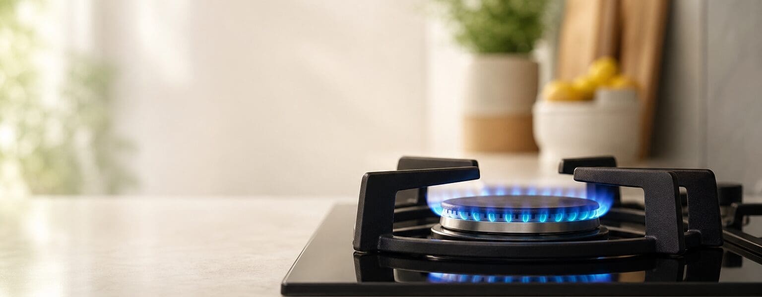 Blue gas hob flame representing gas only tariffs and gas only supply in a UK home