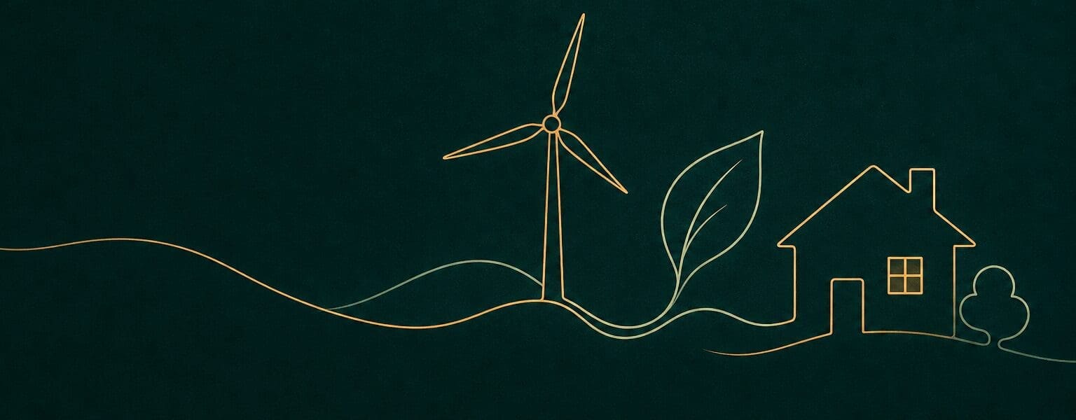 Green energy tariffs illustration with a wind turbine and leaf powering a home