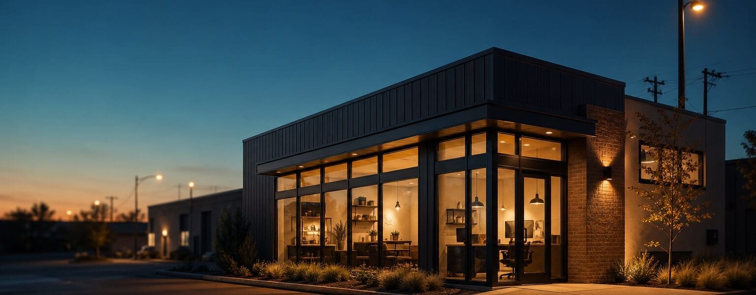Half hourly metering for business: a small commercial building lit at dusk, showing electricity use across the day
