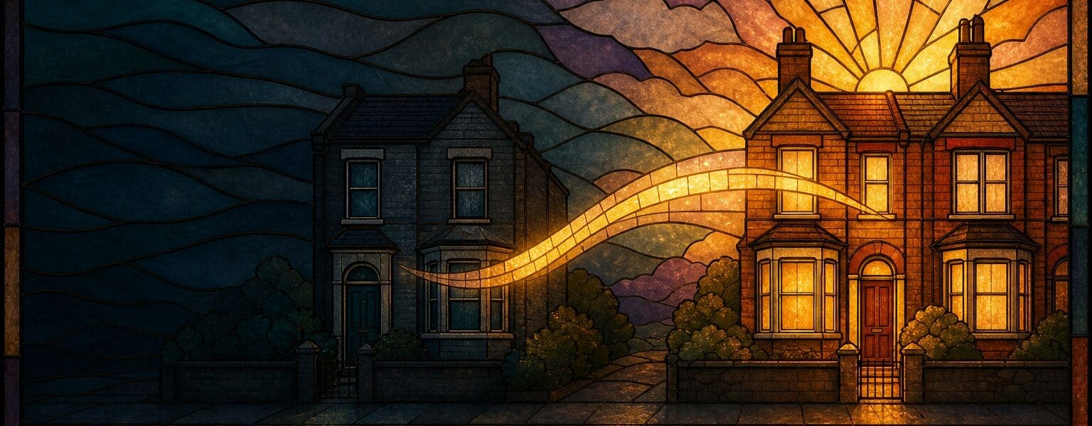 Moving home broadband shown as a glowing connection travelling between two stained glass houses