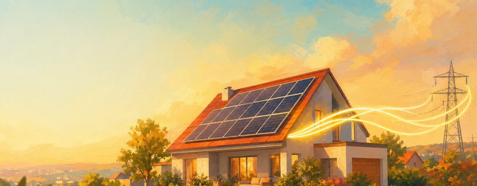 Illustration of a home with solar panels sending surplus power back to the grid, representing a solar export tariff