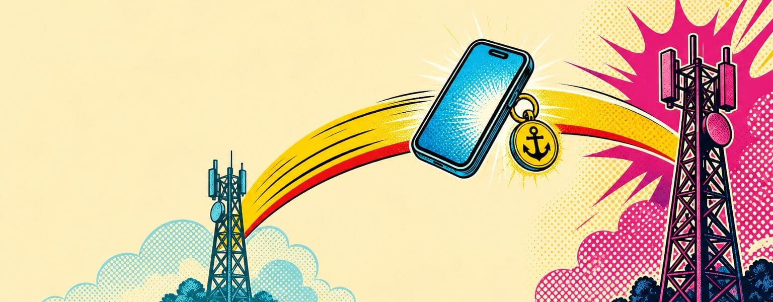Pop art illustration of how to switch mobile network and keep your number, a phone carrying its number between two signal masts