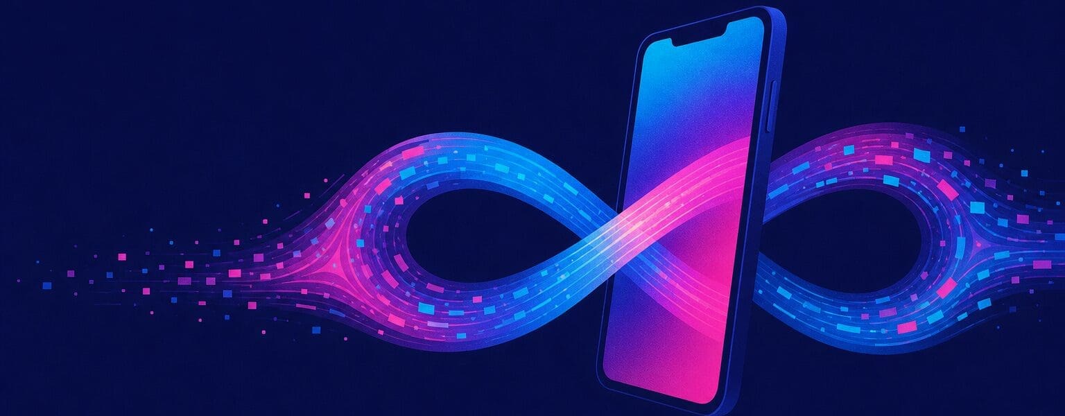 Unlimited data SIM illustration with an infinity data loop flowing into a phone