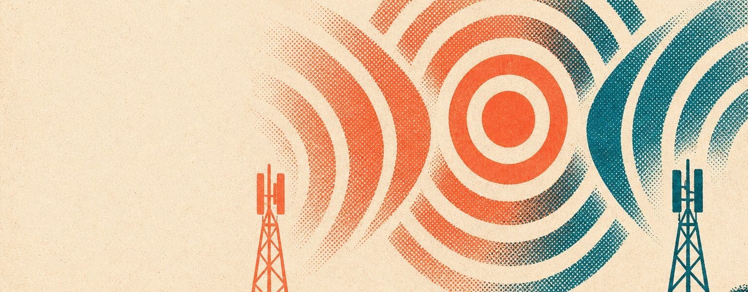 Retro risograph illustration of two mobile signal networks merging into one, representing the Vodafone Three merger and its effect on UK phone bills