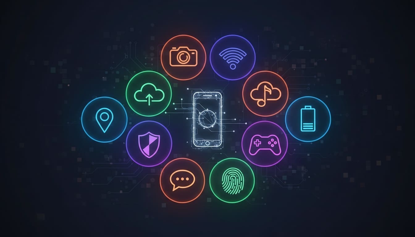 Digital illustration showing 10 mobile features including cloud, Wi-Fi, security, and battery icons around a smartphone.