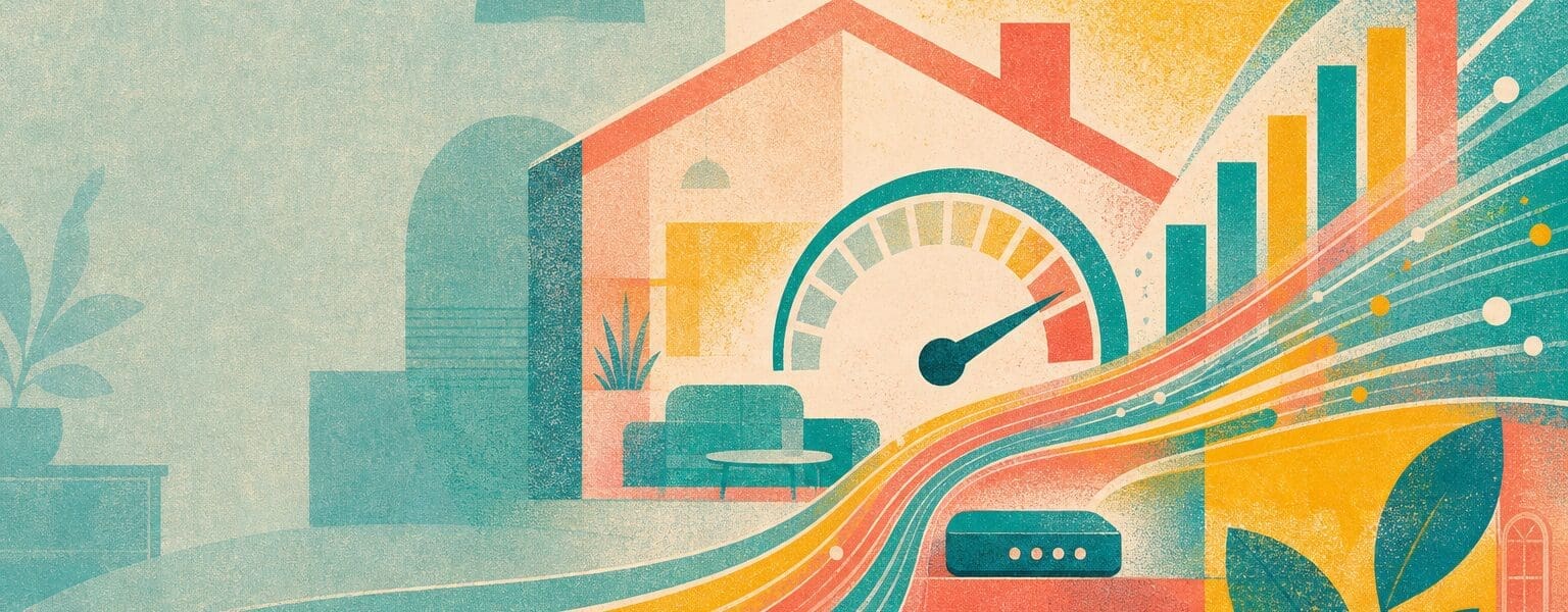 Riso-print style illustration of fibre cables and signal bars representing 100Mb broadband speed through a UK home