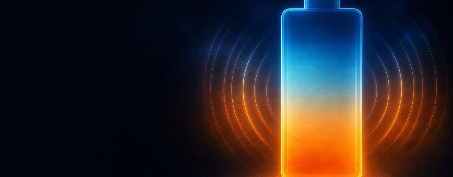 Glowing battery illustration fading from cool to hot representing 5G battery drain