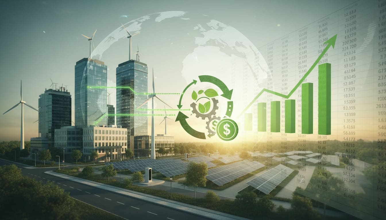 Solar panels, wind turbines, and rising green charts representing cost savings with green energy tariffs.