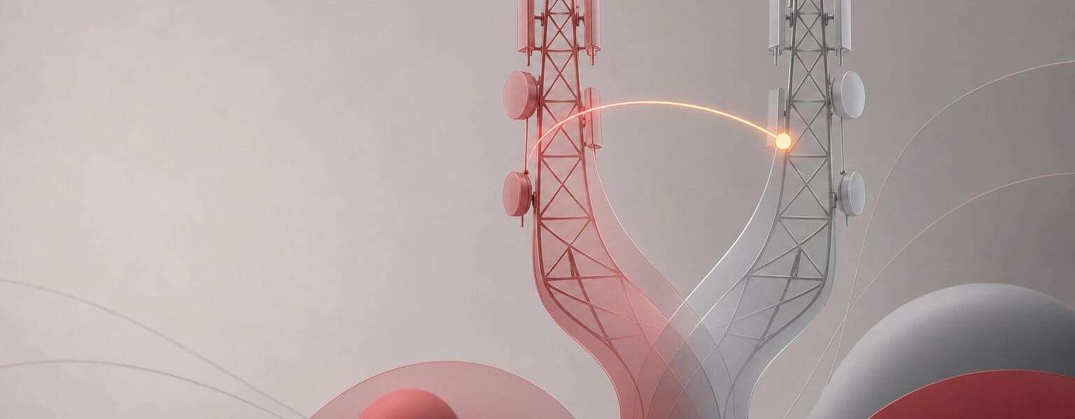 Illustration of two mobile network towers merging representing automatic network roaming between Vodafone and Three