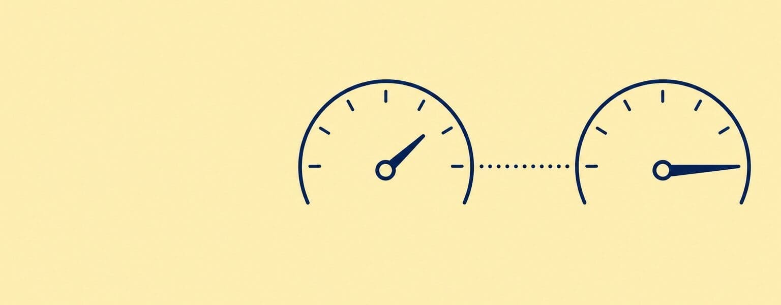 Line art illustration of two speed dials showing the gap between average broadband speed and your actual result