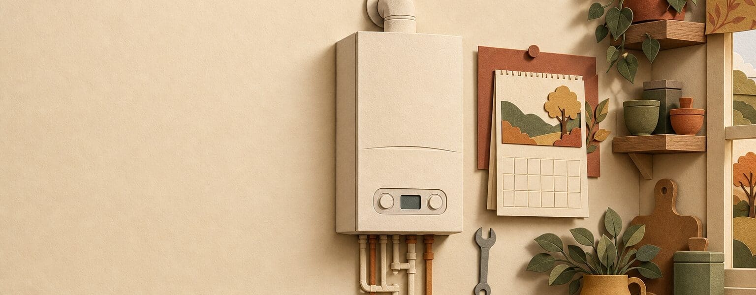 Paper-cut collage illustration of a boiler and calendar, representing boiler service cost and autumn booking