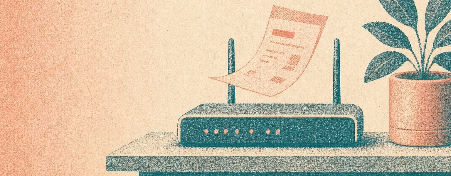Illustration representing broadband compensation, showing a router with a credit note floating above it