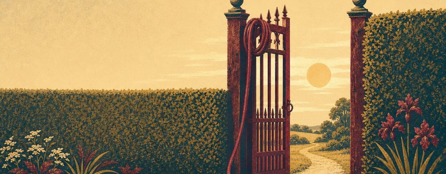 Illustration representing broadband exit fees, showing a garden gate left open with a cable trailing free
