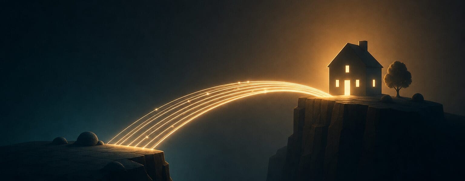 Illustration of a broadband installation wait bridged by a glowing connection of light toward a home