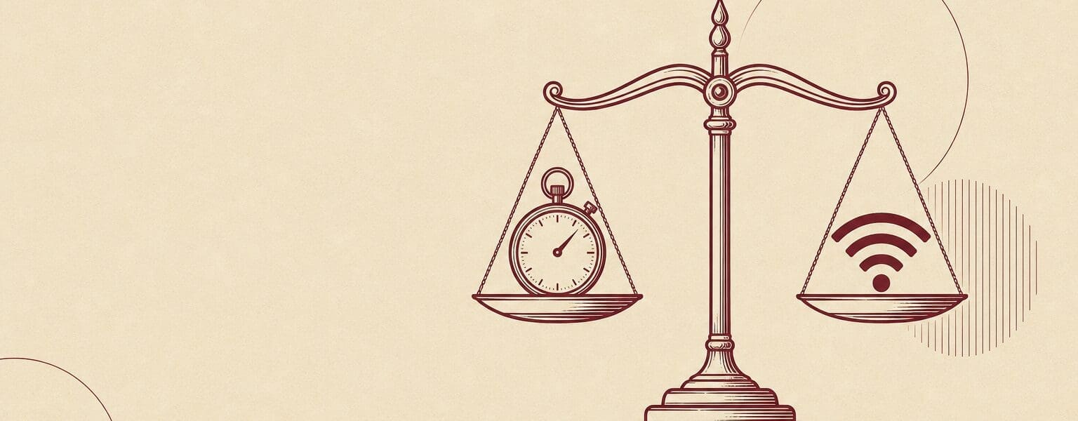 Broadband ombudsman escalation shown as scales weighing time against connectivity