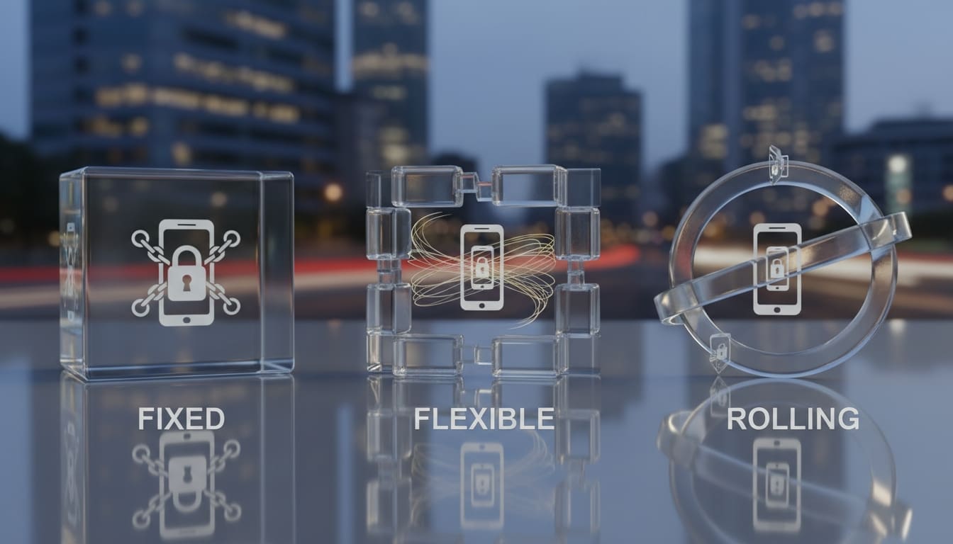 “Fixed, flexible, and rolling options illustrating different types of business mobile contract choices.