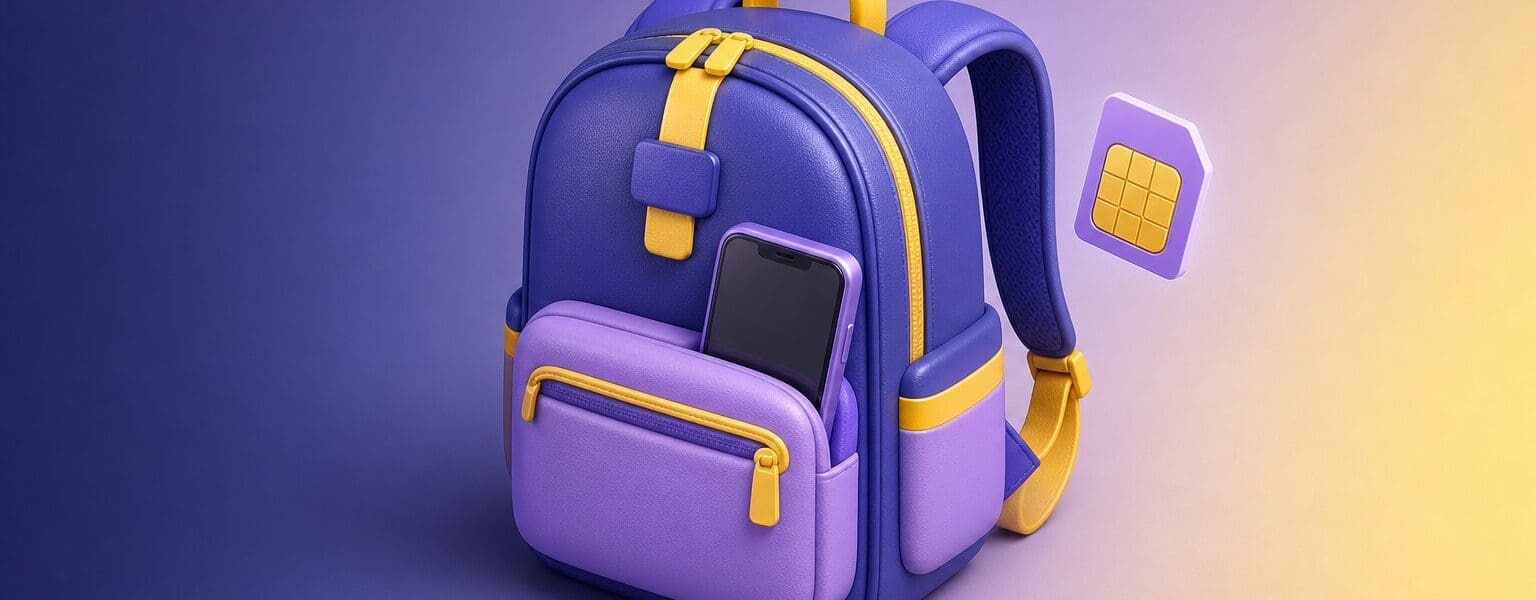 A child's first phone and school backpack illustrated in a clean isometric style