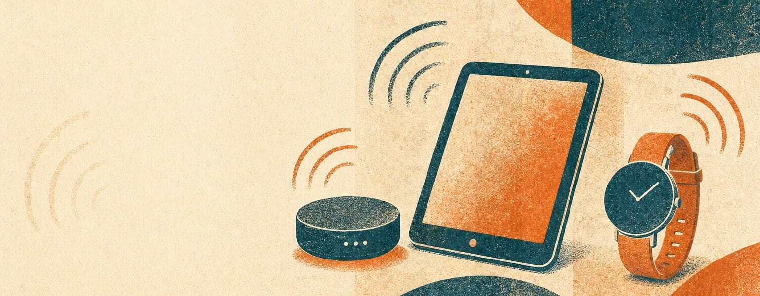 Risograph illustration of a data only SIM connecting a tablet, smartwatch and wifi hotspot independently