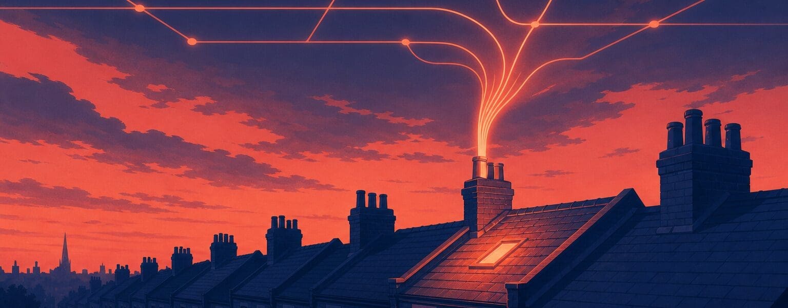 Demand flexibility service illustration showing energy flowing from a UK home into the grid at dusk