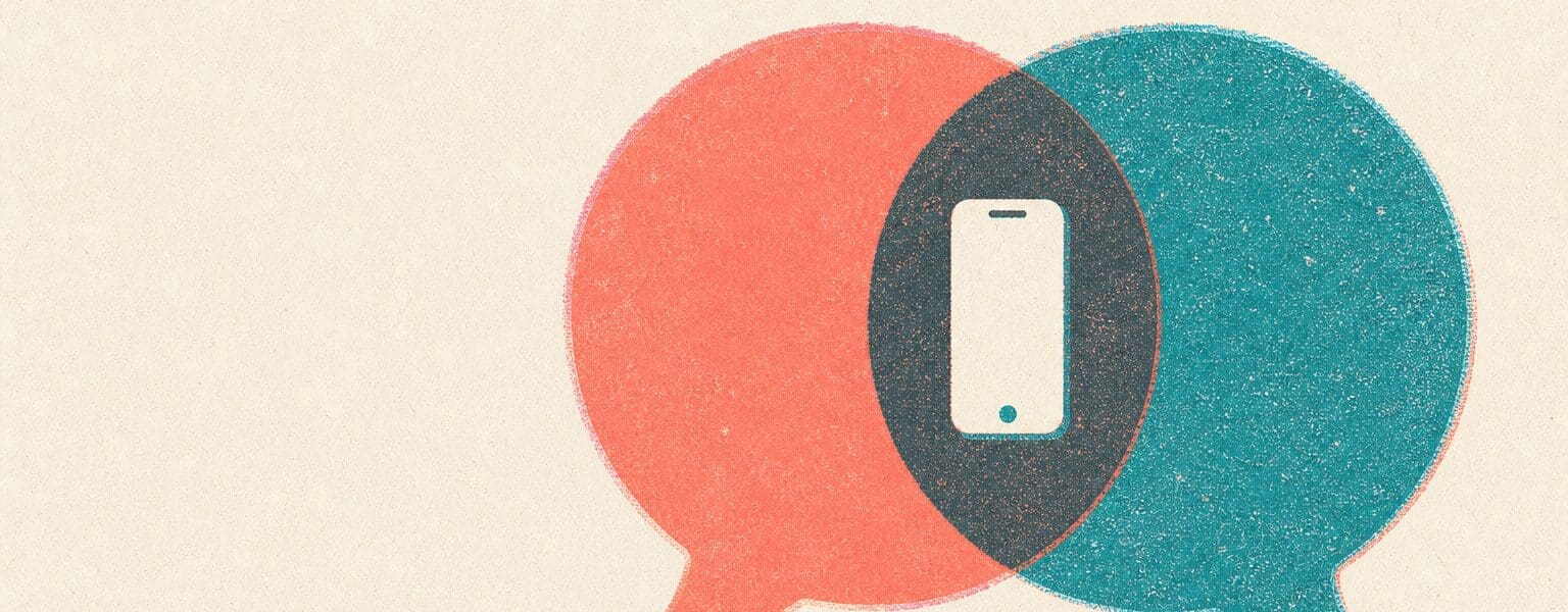 Dual SIM phone concept shown as two overlapping signal lines meeting on one handset
