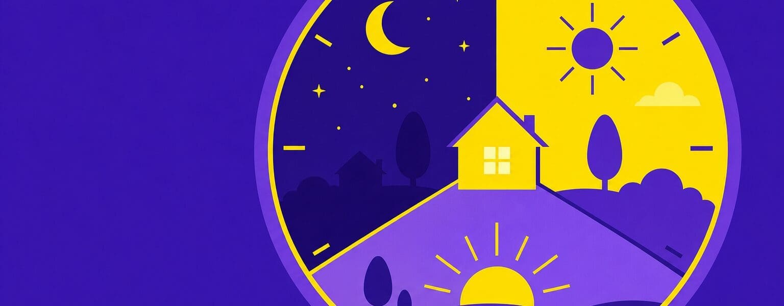 Economy 10 tariff off-peak hours illustrated as a segmented clock face over a glowing home