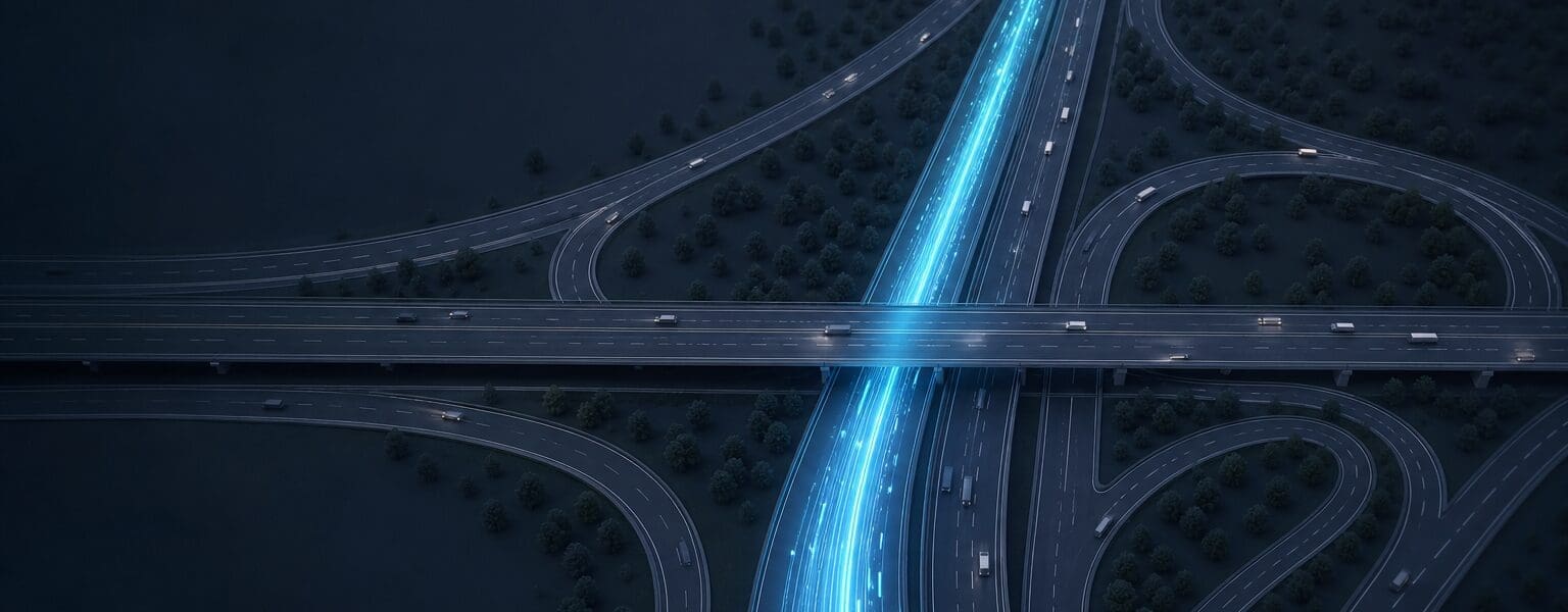 EE Fast Lane 5G network slicing shown as a glowing dedicated lane on a motorway at dusk