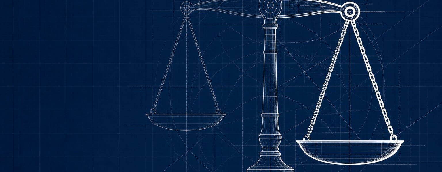 Blueprint-style illustration of a scale of justice representing new energy ombudsman powers