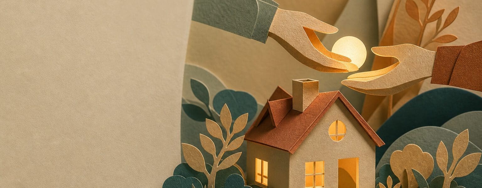 Paper diorama illustration of a glowing home representing a safe handover during an energy supplier collapse