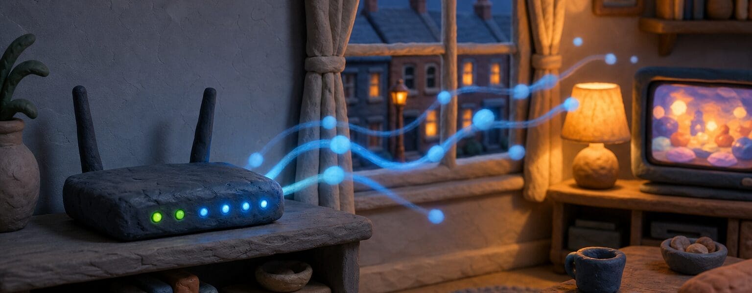 Claymation-style illustration of a glowing router representing an evening broadband slowdown