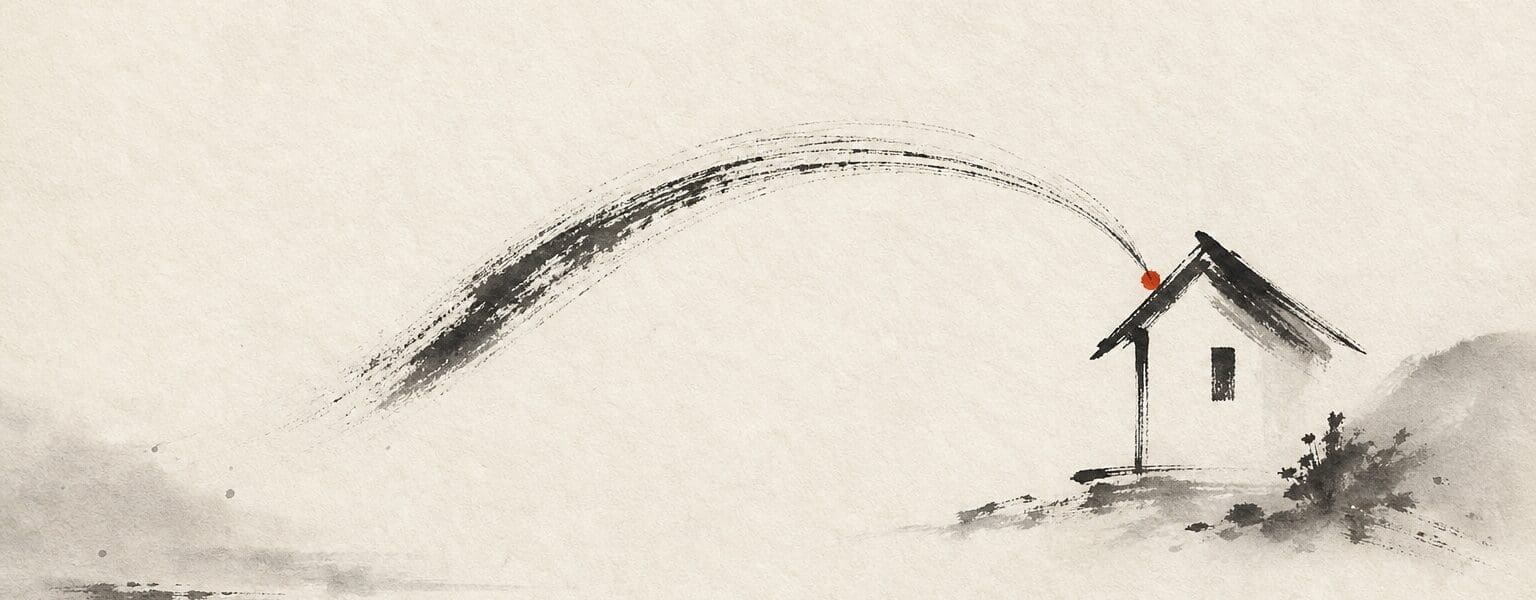 Ink wash illustration of a signal reaching a home, symbolising the fastest broadband provider in the UK