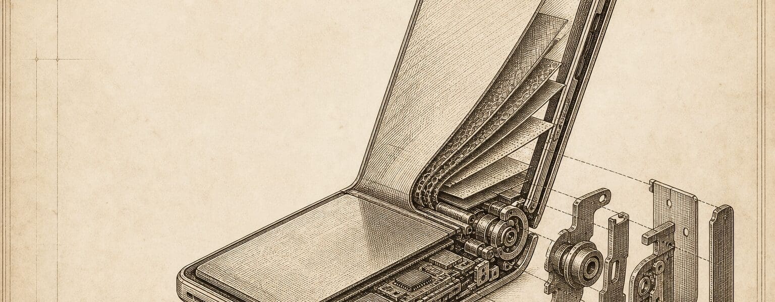 Engraved technical illustration of a folding phone hinge representing whether folding phones are worth it