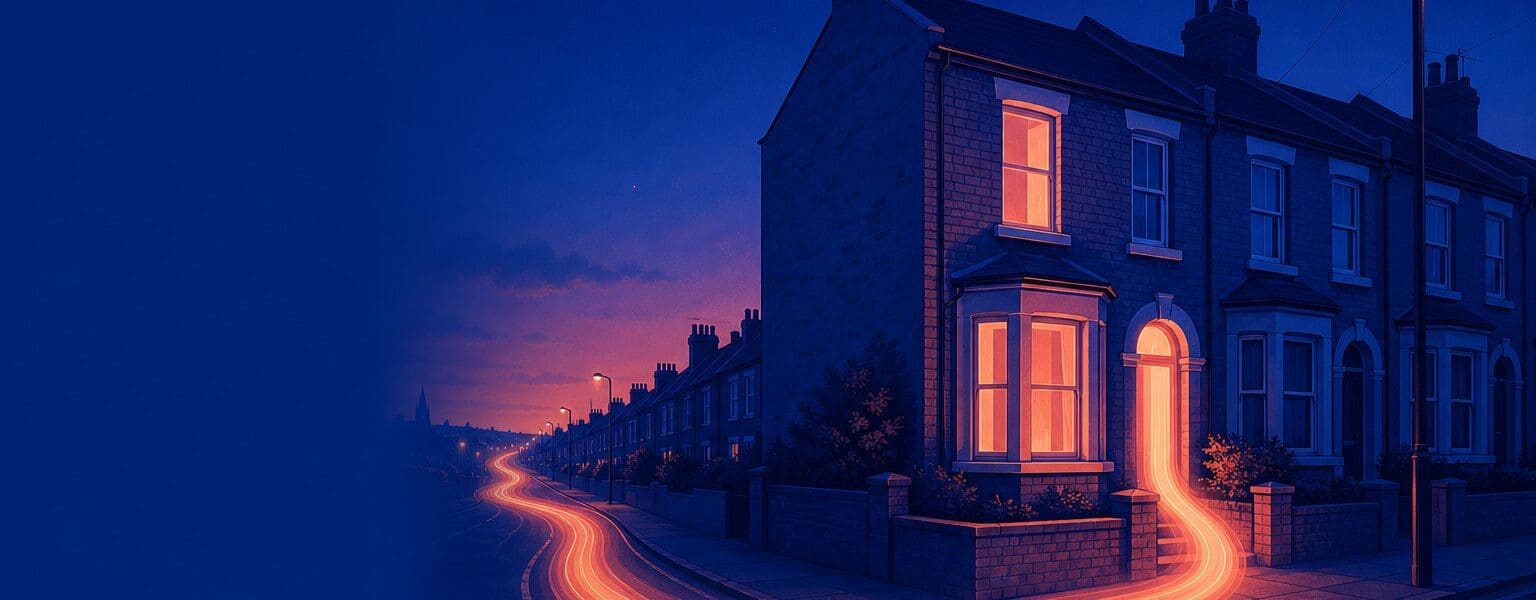 Gaming broadband connection shown as a glowing ribbon of light flowing from a home