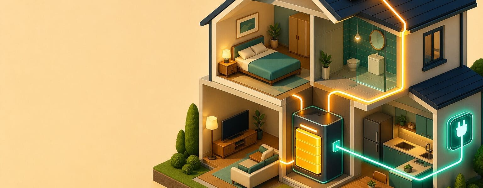 Illustration of home battery storage powering a house in 2026