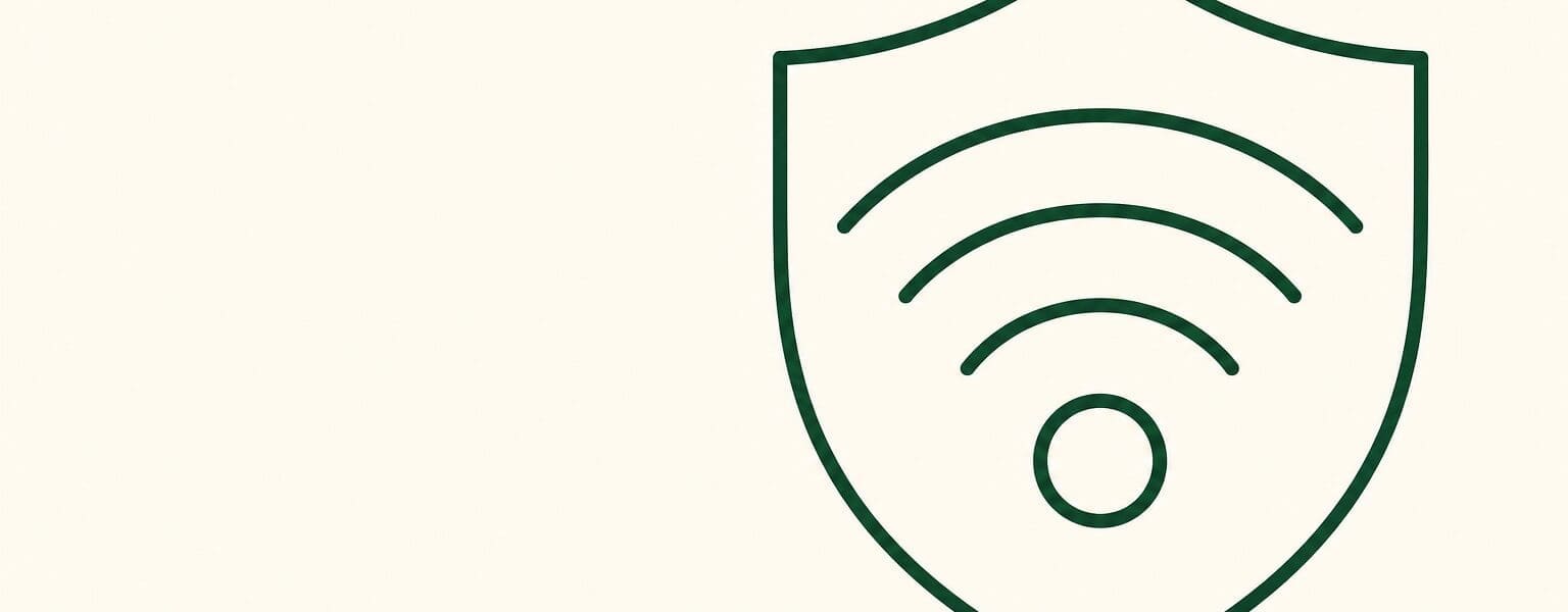 Line-art illustration of a wifi signal wrapped in a shield, representing home wifi security
