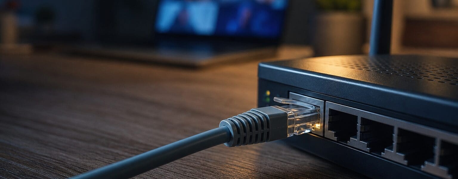 Home working broadband setup showing a router connection powering a video call on a laptop
