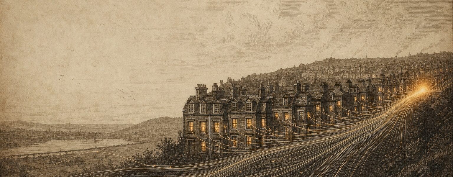 Vintage engraving of fibre lines converging on terraced rooftops, illustrating Hyperoptic broadband reaching homes
