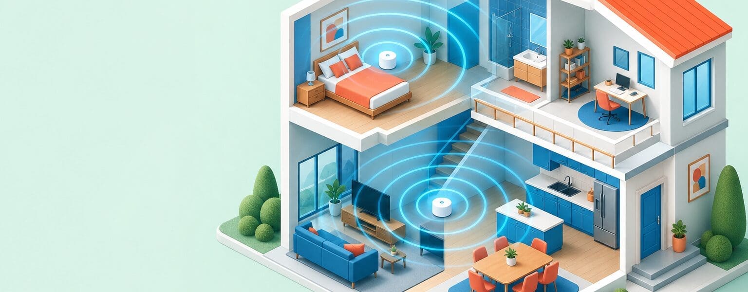 Isometric illustration of mesh wifi nodes spreading even signal coverage through a two storey home