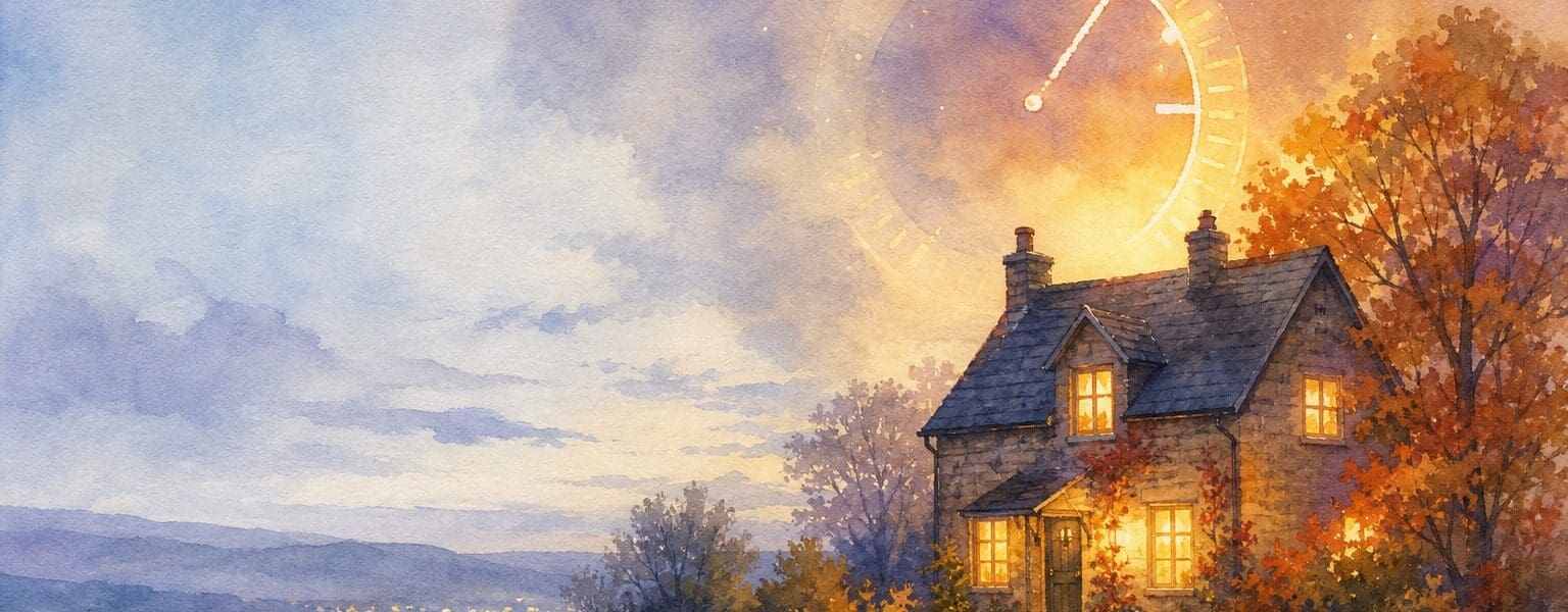 Watercolour illustration of a glowing home at the changeover moment, representing meter reading day before the energy price cap changes
