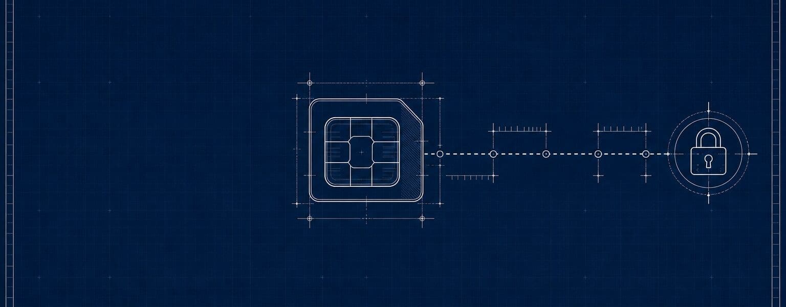 Blueprint style illustration of a SIM card connected to a padlock representing number porting compensation rights
